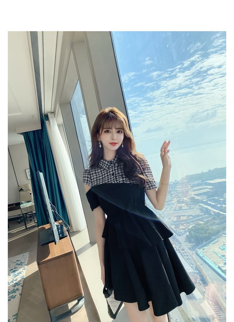 【dress】高級感!気質満点OL通勤POLOネック切り替えチェック柄ワンピースF0033