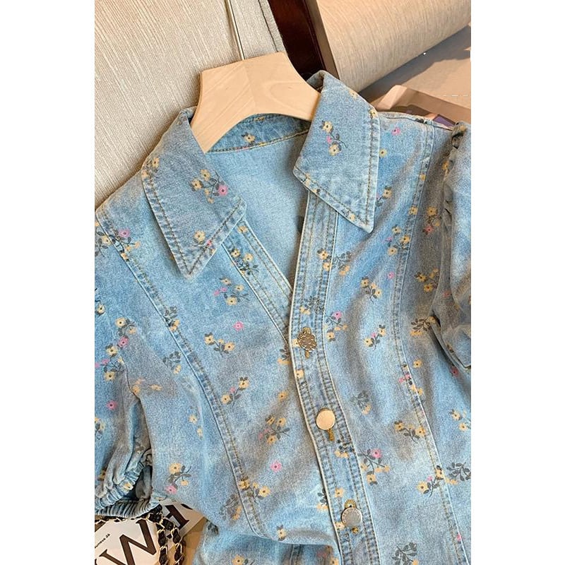 【dress】POLOネック花柄デニムワンピース G20664