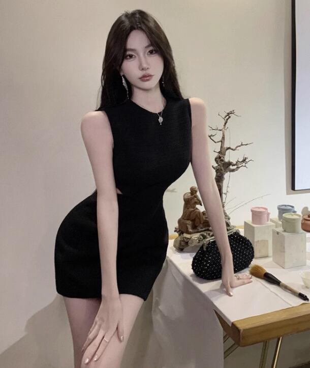 【dress】お値段以上！夏新作2色ラウンドネックノースリーブ二次会披露宴ワンピースF5558