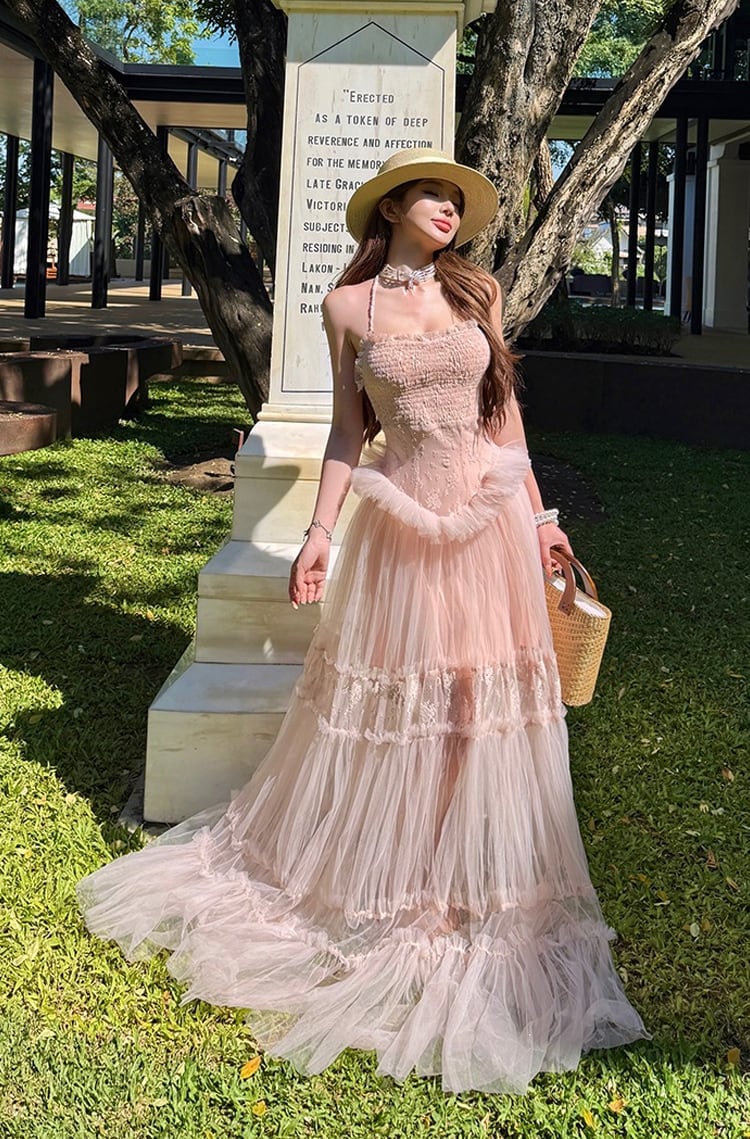 【dress】ホルターネックシアーチュールティアードワンピース Q8484