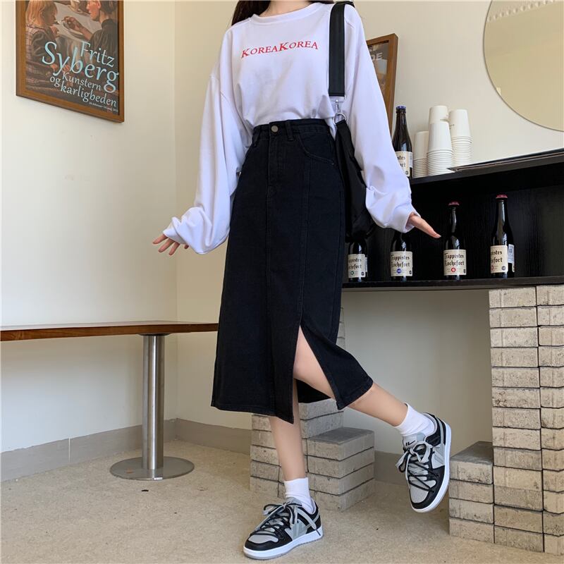 【bottoms】細身効果抜群♪INS風ポケット付きスリット合わせやすいデニムスカート