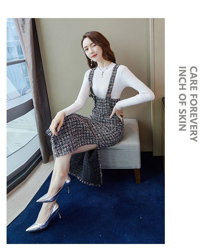 【set】ニットセーター+チェック柄サスペンダースカートセット G12551