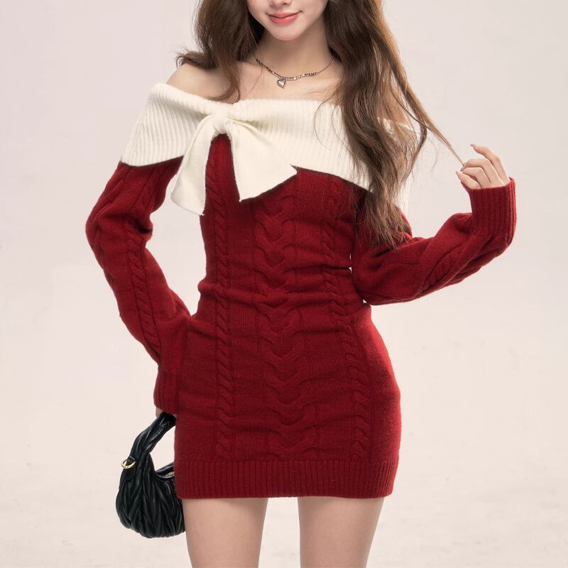 【dress】リボン付きオフショルダーニットワンピース Q7769