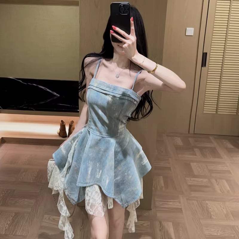 【dress】レースドッキングデニムキャミワンピース Q8340
