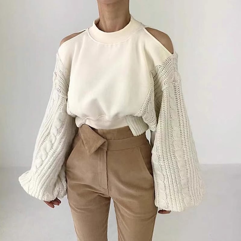 【tops】ニット切り替えオフショルダープルオーバー　M26064