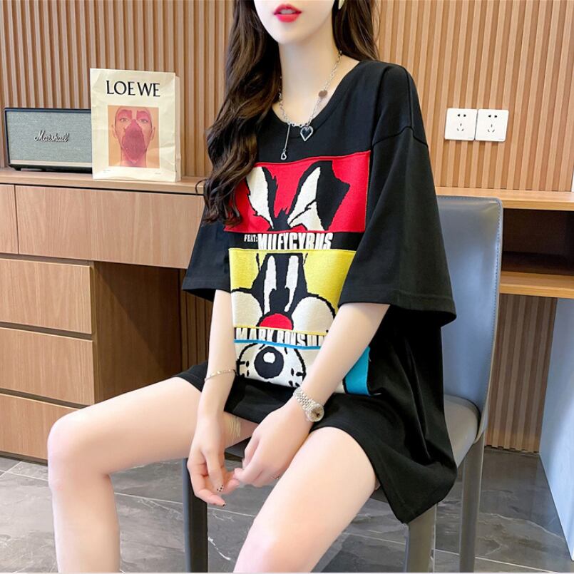 【tops】2色ラウンドネック半袖配色動物柄英字柄ゆったり着回しTシャツF2272