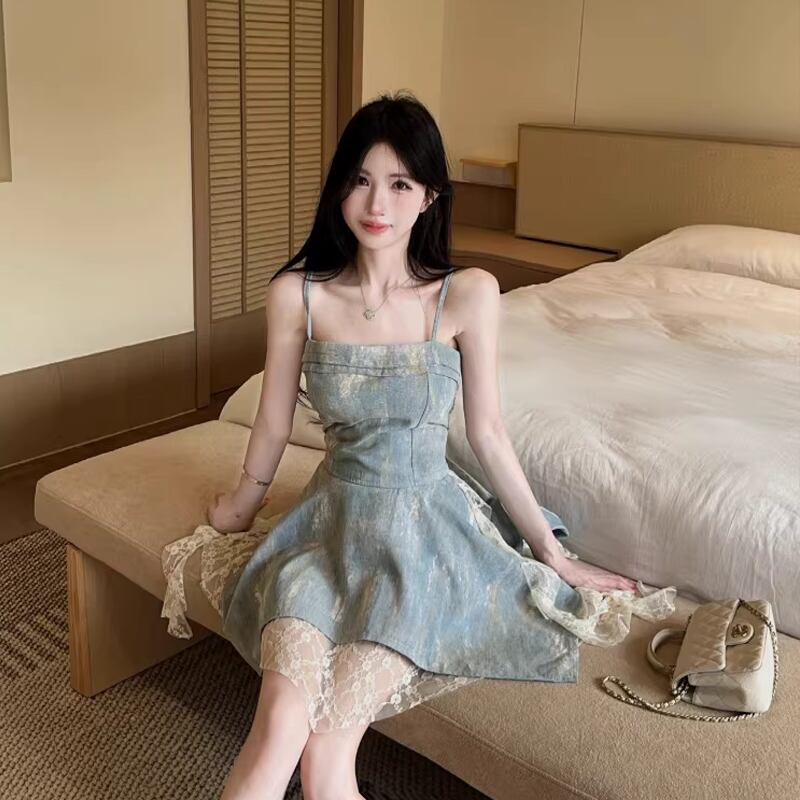 【dress】レースドッキングデニムキャミワンピース Q8340