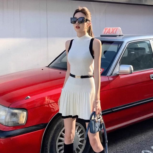 【dress】ベルト付きプリーツニットワンピースF7434