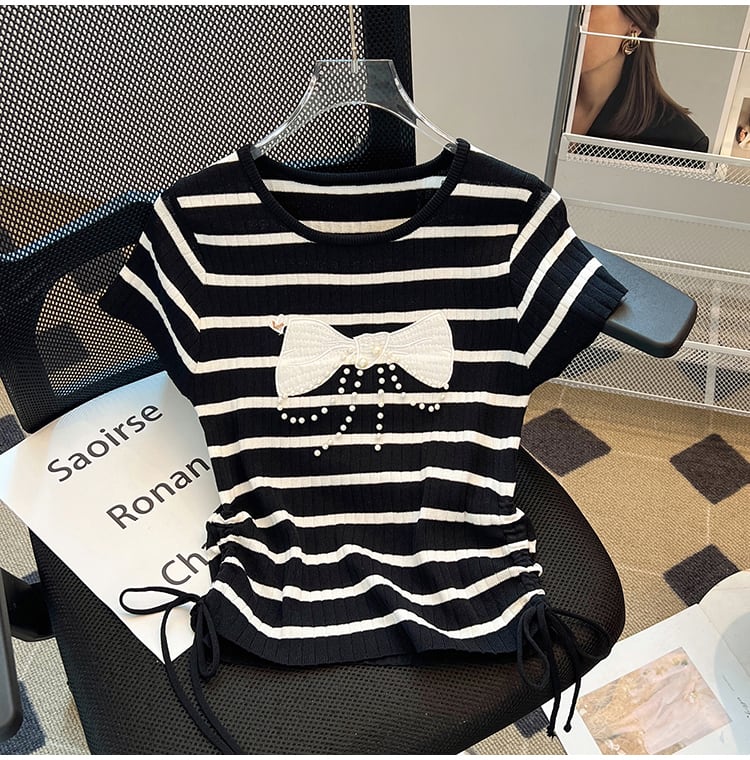 【tops】ビーズリボンニットTシャツG21546