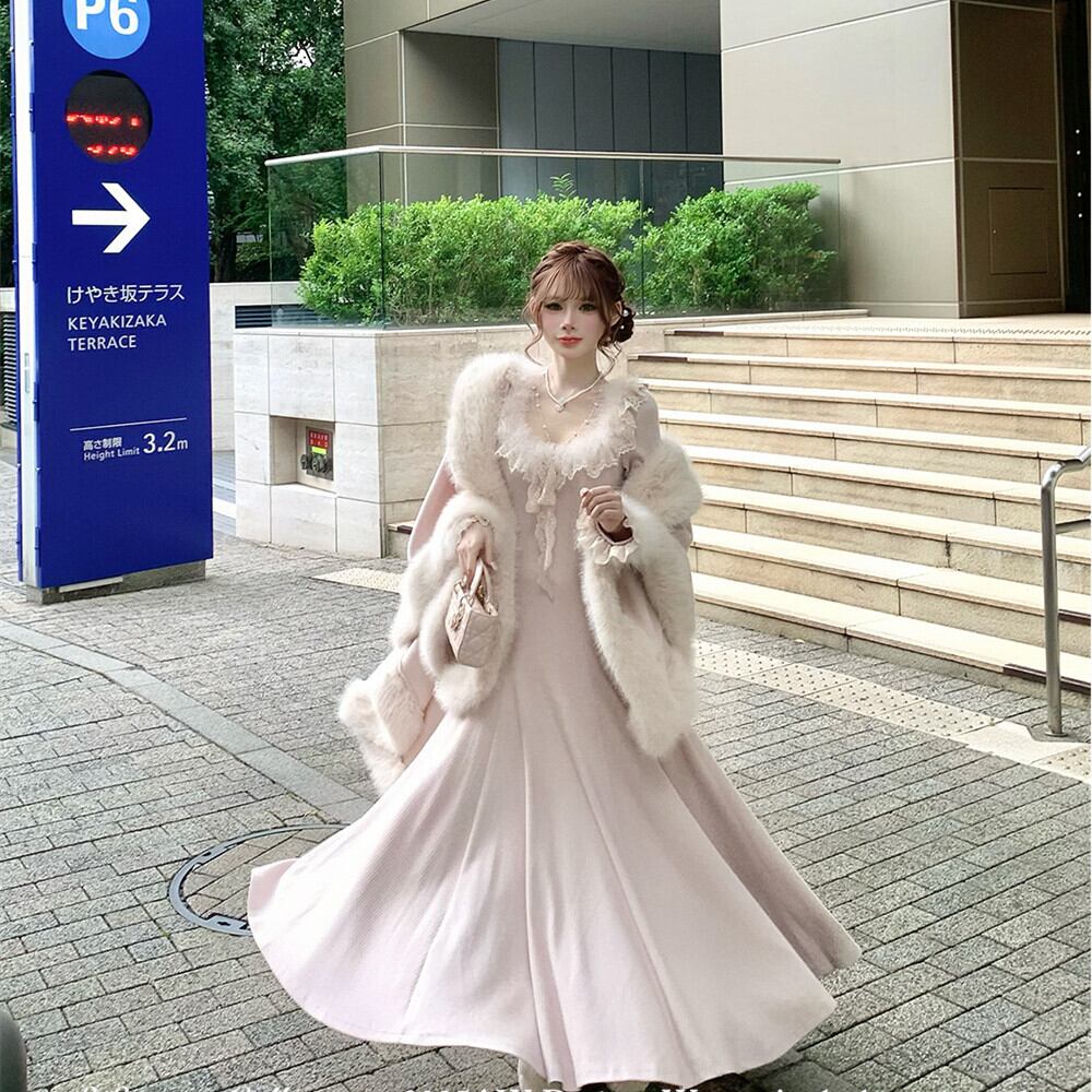 【dress】ファーレースドッキングニットワンピース　N3464