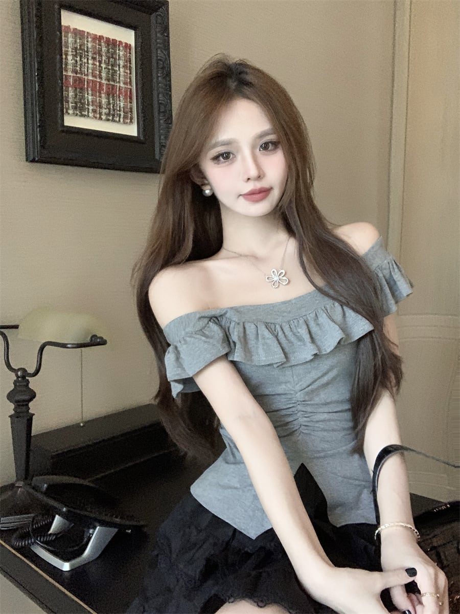 【tops】オフショルダーフリルTシャツトップスG21340