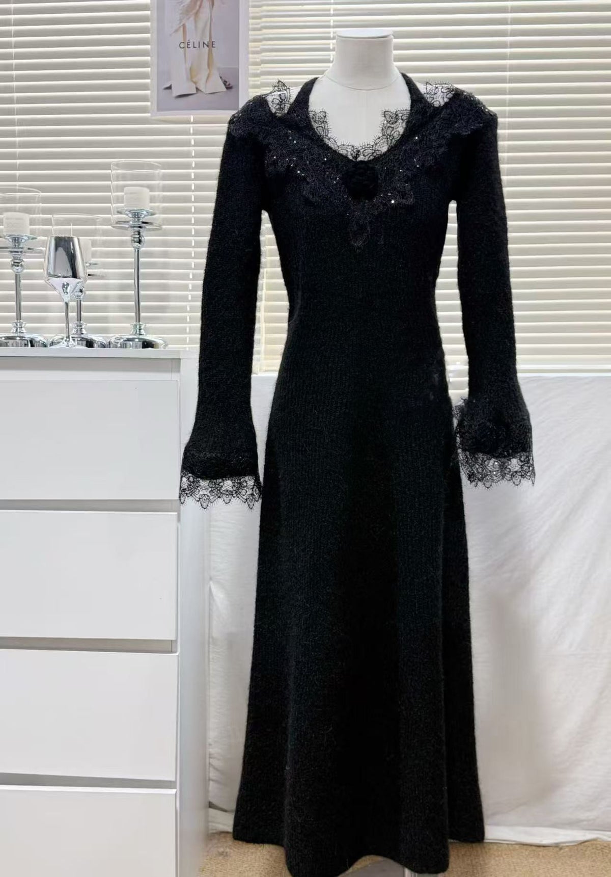 【dress】レースドッキングニットワンピース Q7479
