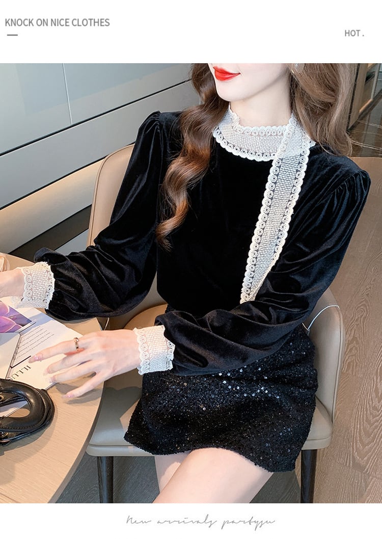 【tops】レース切り替えシャツトップス　M27569