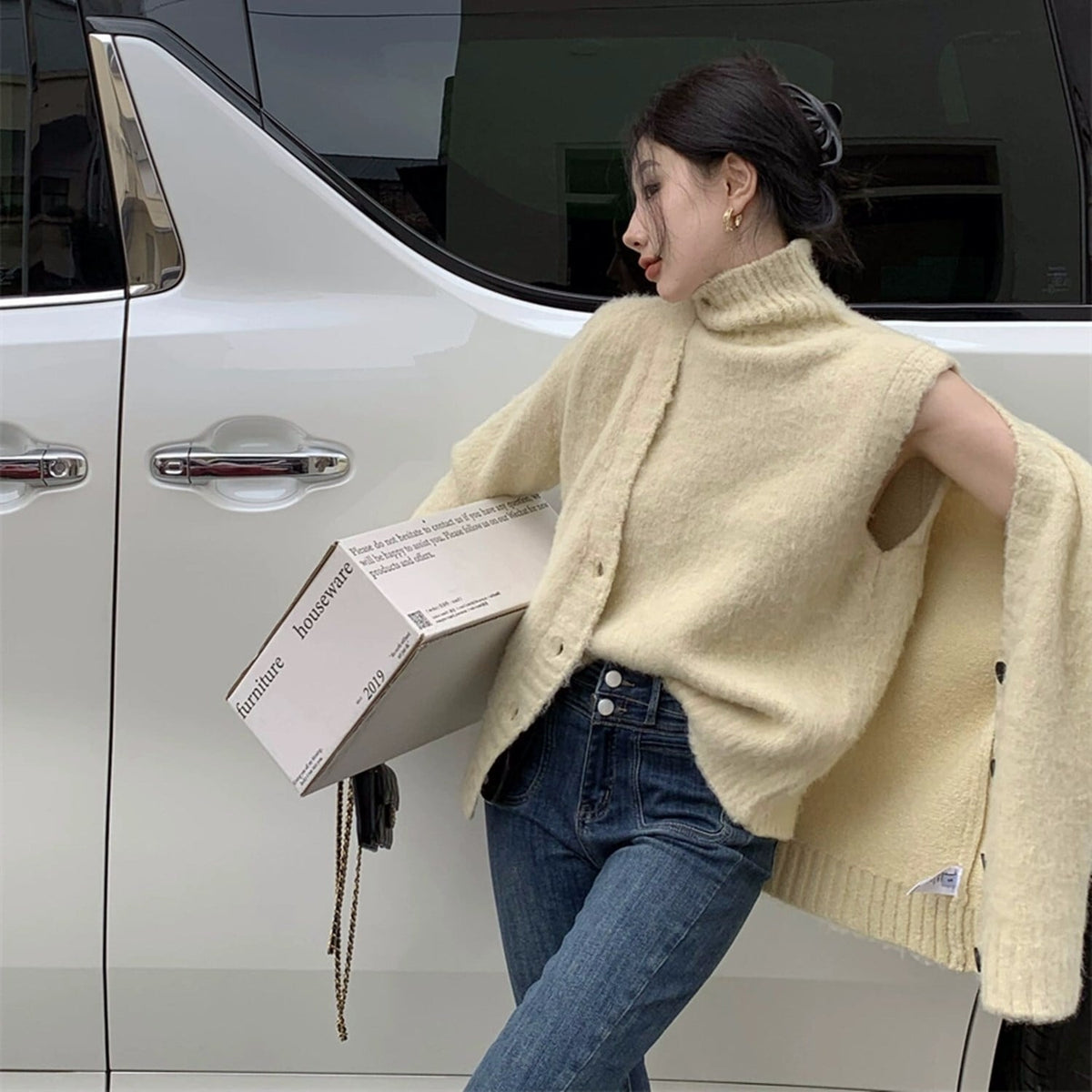 【tops】ハイネックノースリニットトップス×カーディガンセット　N2147