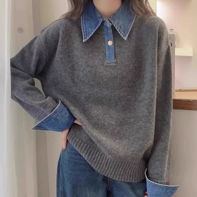【tops】デニムドッキングニットトップス Q7216