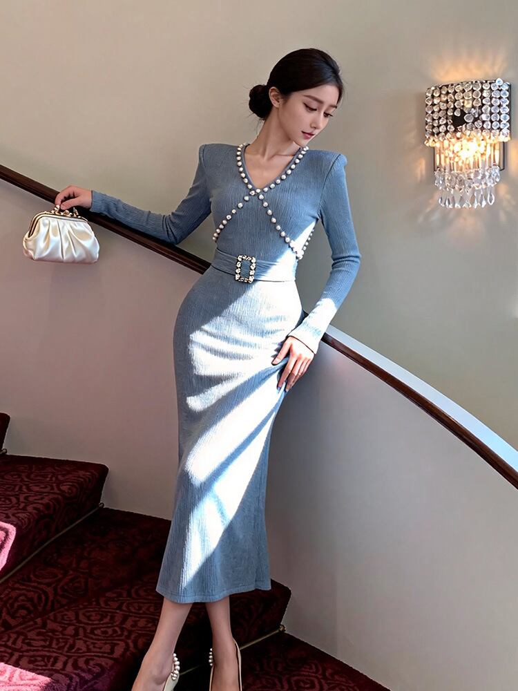 【dress】パール付きニットワンピース Q7507