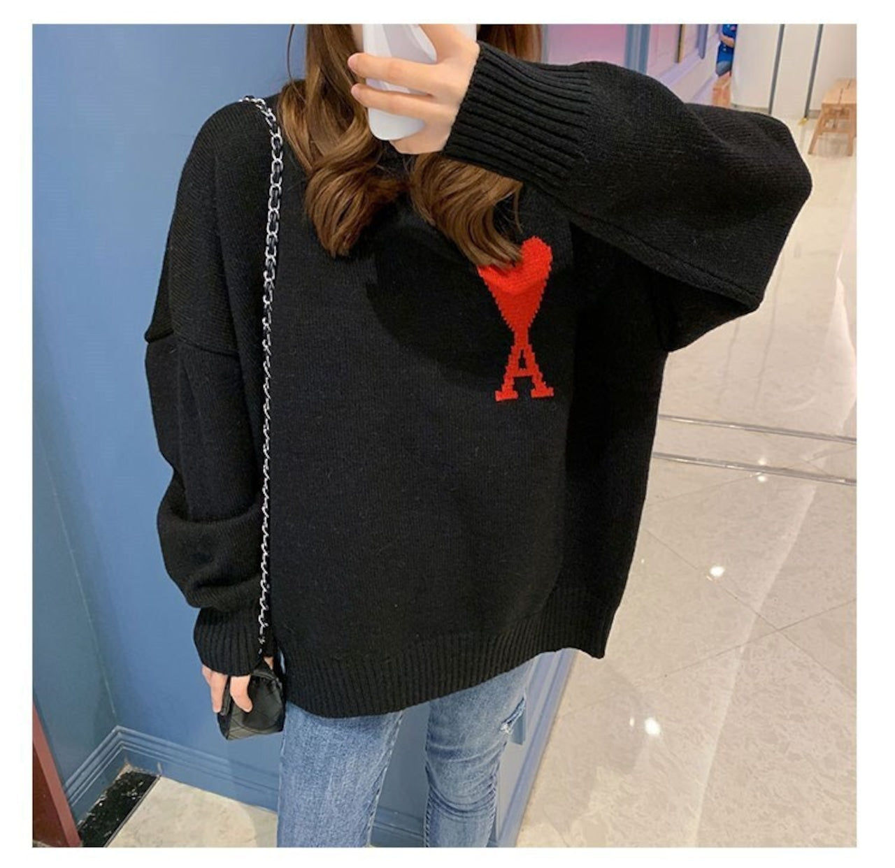 【tops】ラウンドネック長袖ニットセーターF8103