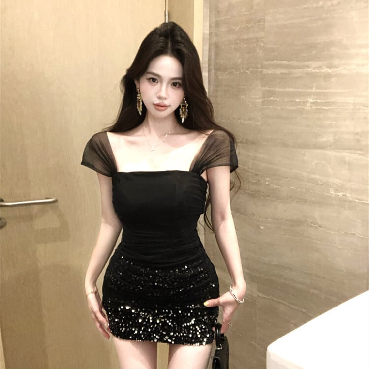 【dress】スパンコールチュールコンビワンピース　M29066