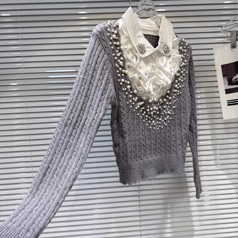 【tops】パール付きフェイクレイヤードニットトップス Q7998