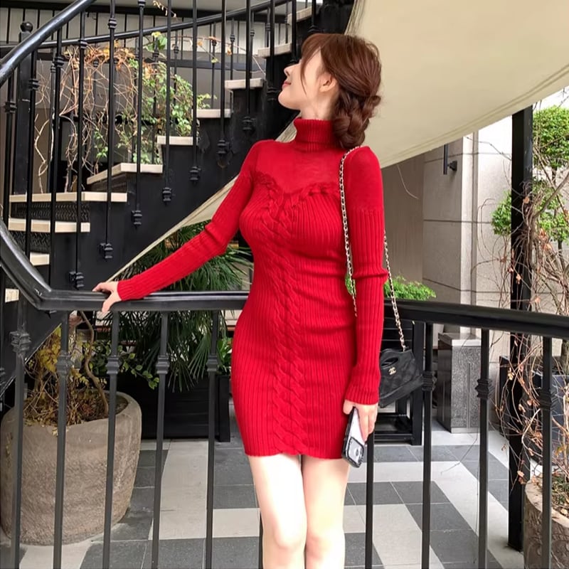 【dress】ハイネックニットワンピース Q7813