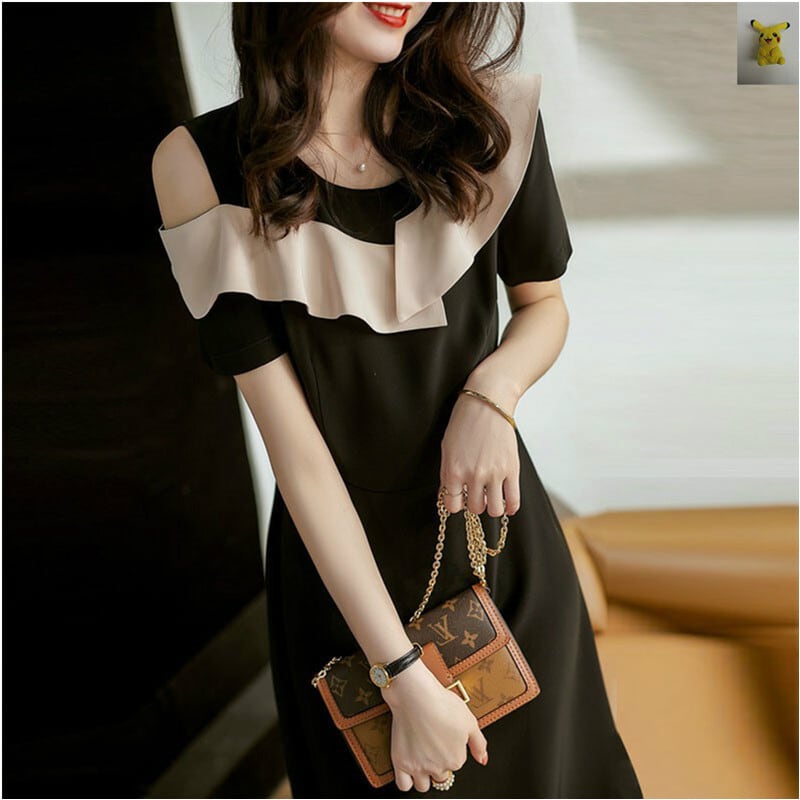 【dress】美感いっぱい? ?オフショルダーフリルデザイン配色デートワンピースF0048