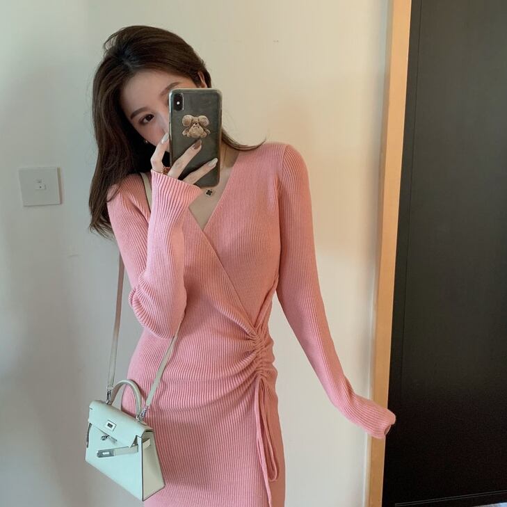 【dress】好感度UP!気質満点デザインフランス風シンプルVネックニットワンピース G2822