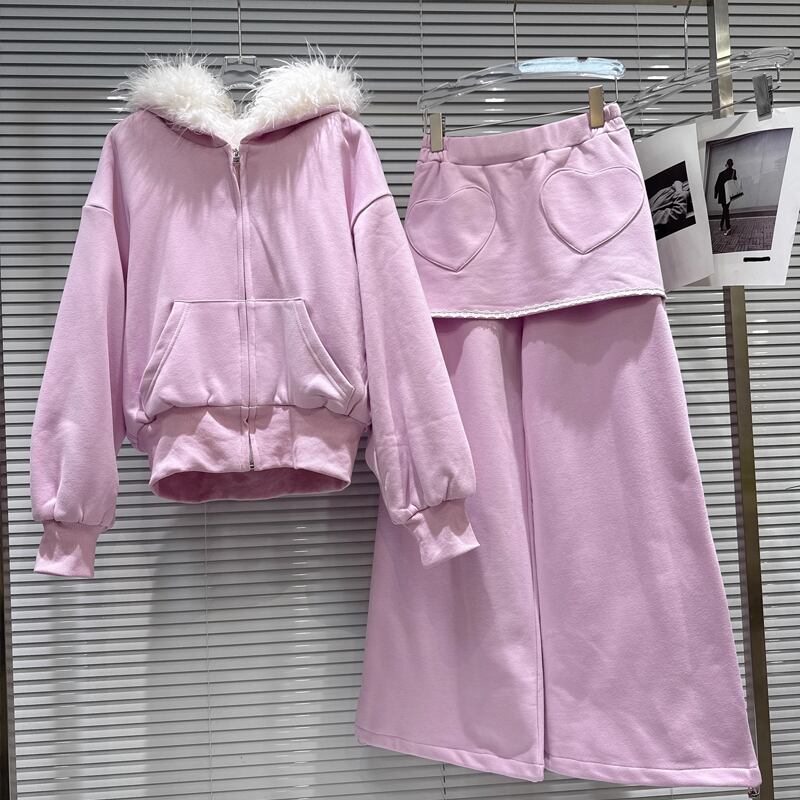 【set】ファー付きジップアップパーカー×裏起毛スカッツセット Q7510