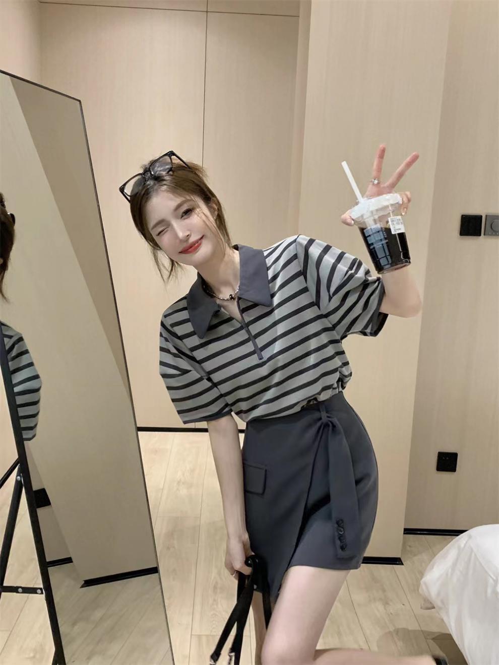 【set】ストライプ柄Tシャツ+スカート２点セットG21355