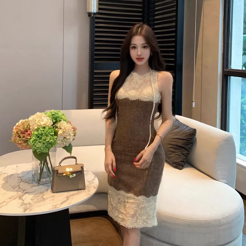 【dress】ノースリーブレースドッキングワンピース Q8023