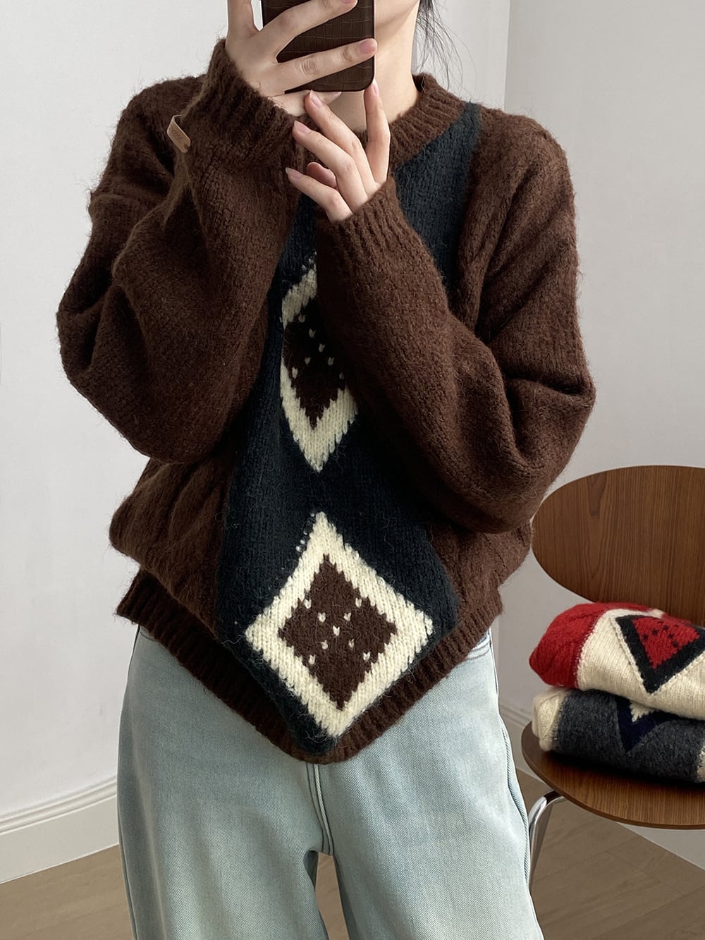 【tops】配色ニットセーター　M28575