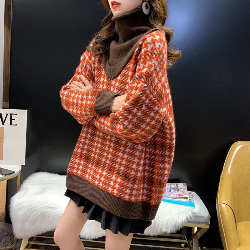 【tops】美人度アップ!韓国系ハイネック偽二つ切り替え秋冬ゆったりルーズ厚手セーター G3658