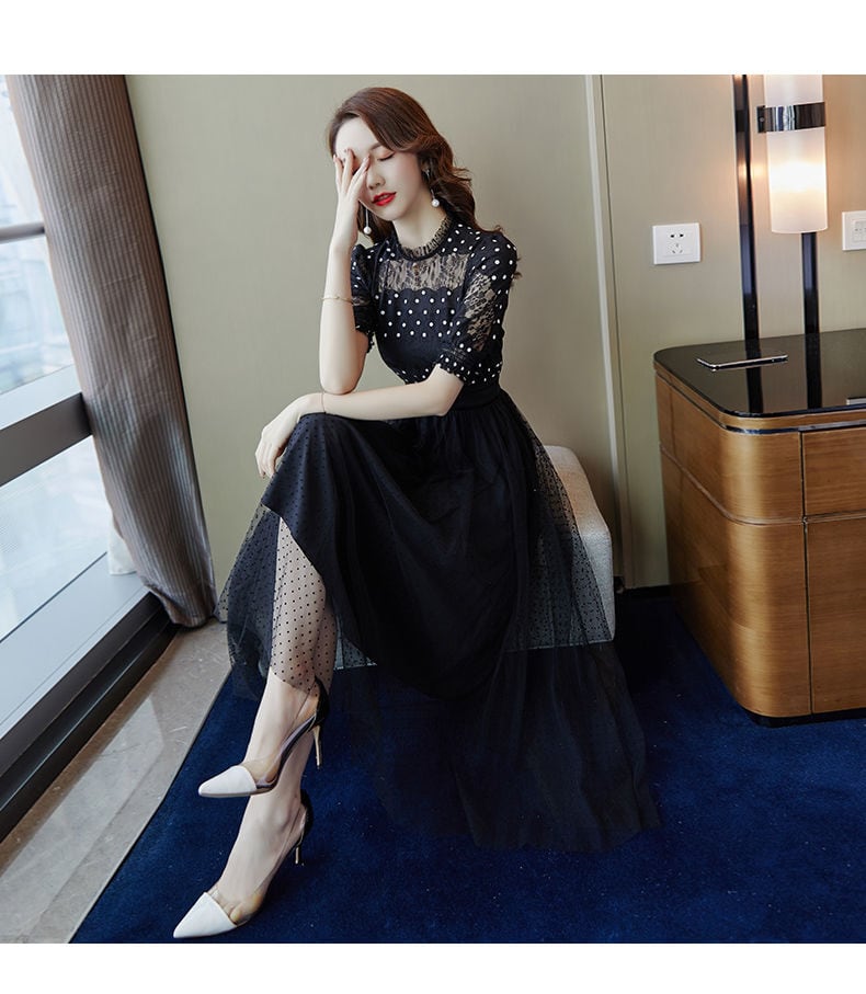 【dress】好感度UP!気質満点フェミニンレース体型カバードット柄ワンピース G0506