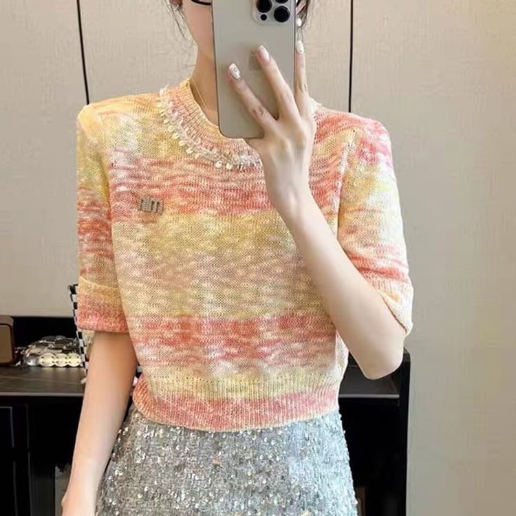 【tops】ラウンドネックニットTシャツF7149