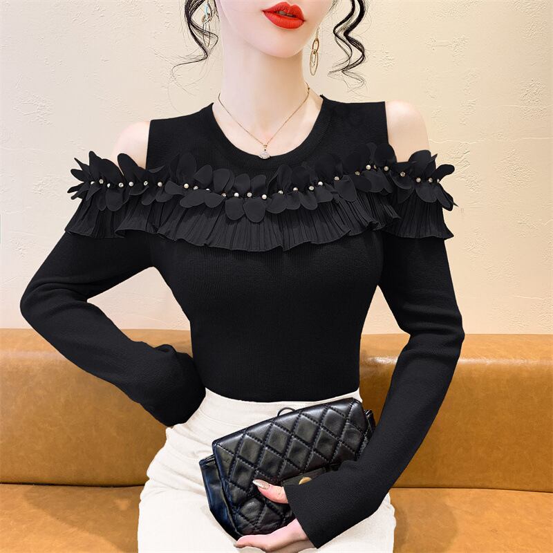 【tops】フリルオフショルダーニットトップス　M27519