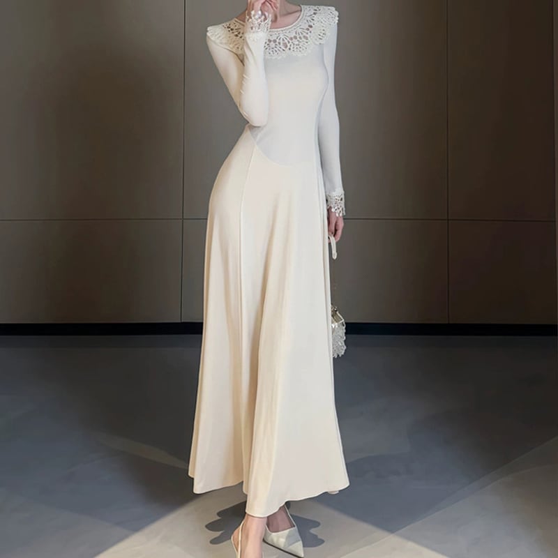 【dress】カットワークレースドッキングロングワンピース Q7349