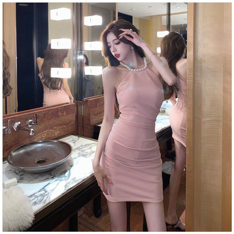 【dress】高級感!フランス風気質満点夏セクシー体型カバー着痩せパールホルターネックワンピース G7859