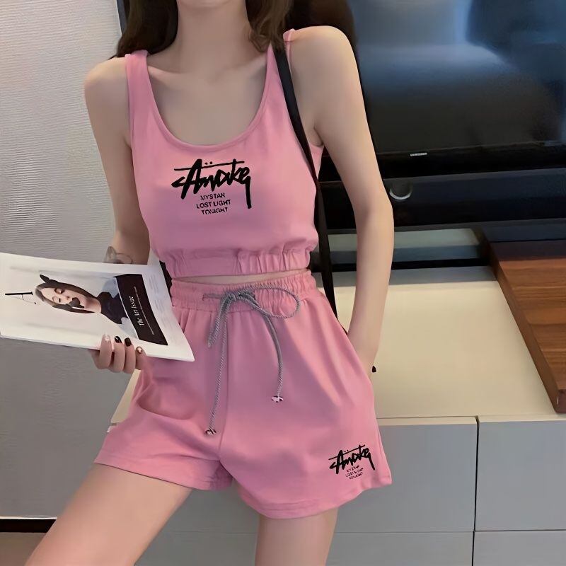 【set】英字柄配色タンクトップ+ショートパンツ2点セットF7337
