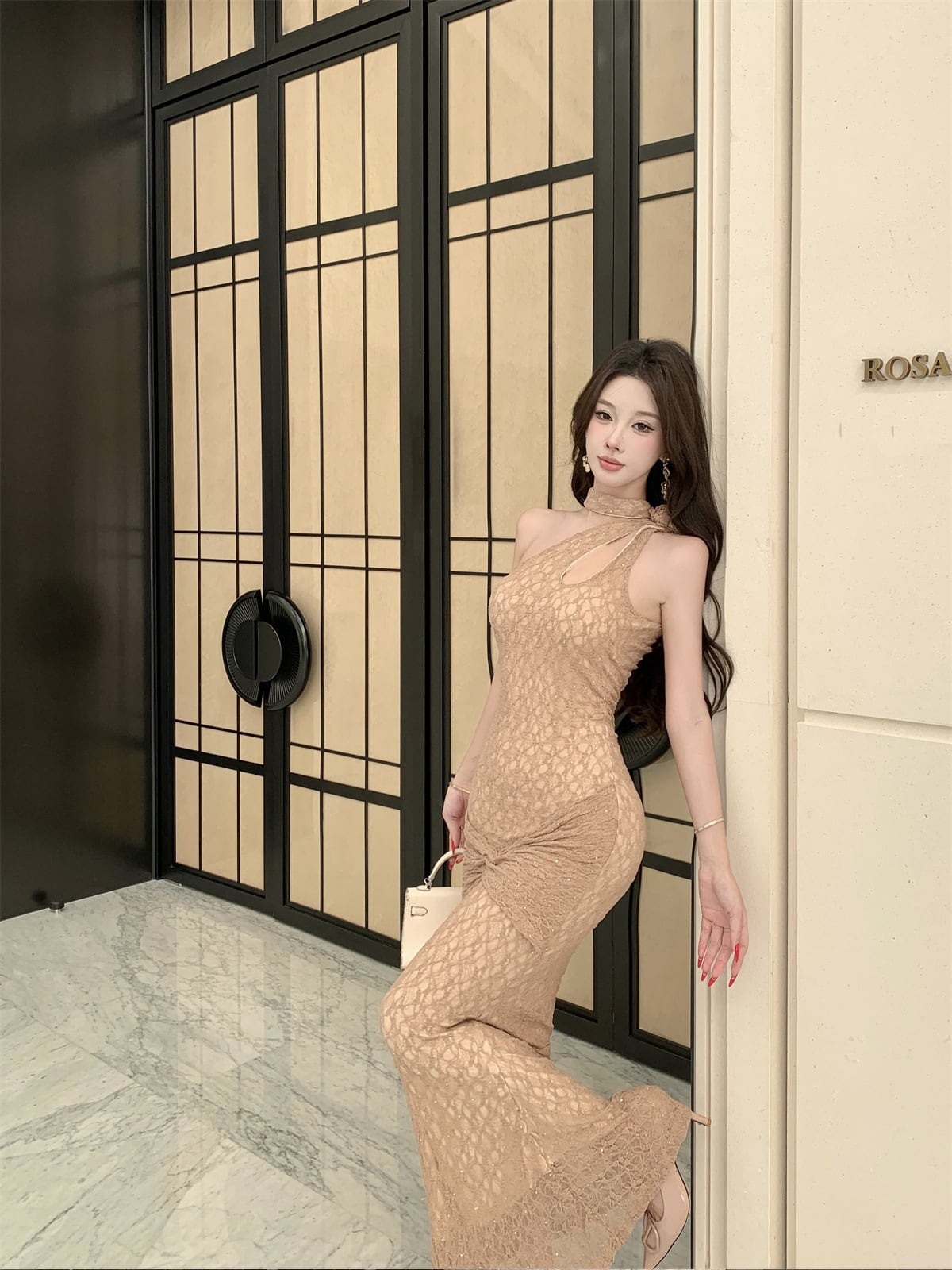 【dress】ワンショルダーレースロングワンピース Q7877