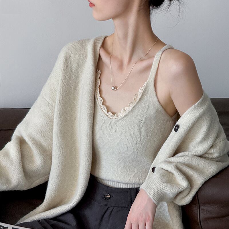 【set】レースドッキングキャミ×ニットカーディガンセット Q6966