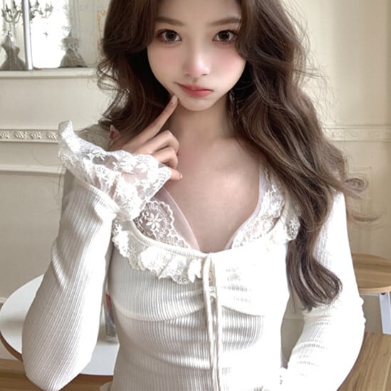 【tops】レース切り替え長袖Tシャツ　M28742