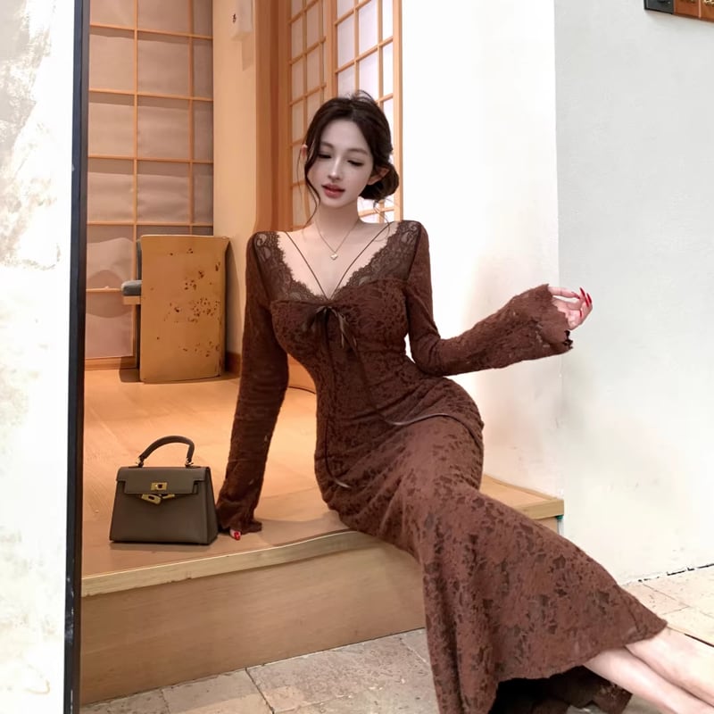 【dress】胸パット付きロングレースワンピース Q8167