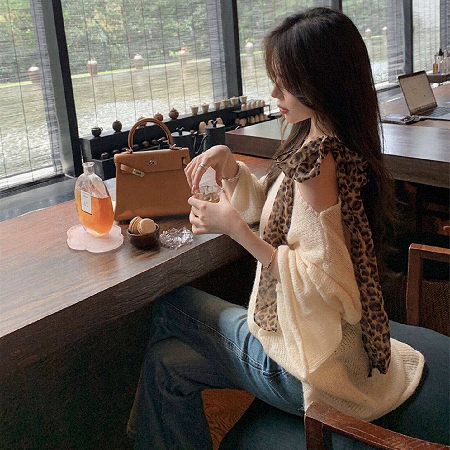 【tops】ヒョウ柄ショルダーリボンニットトップス　N3333