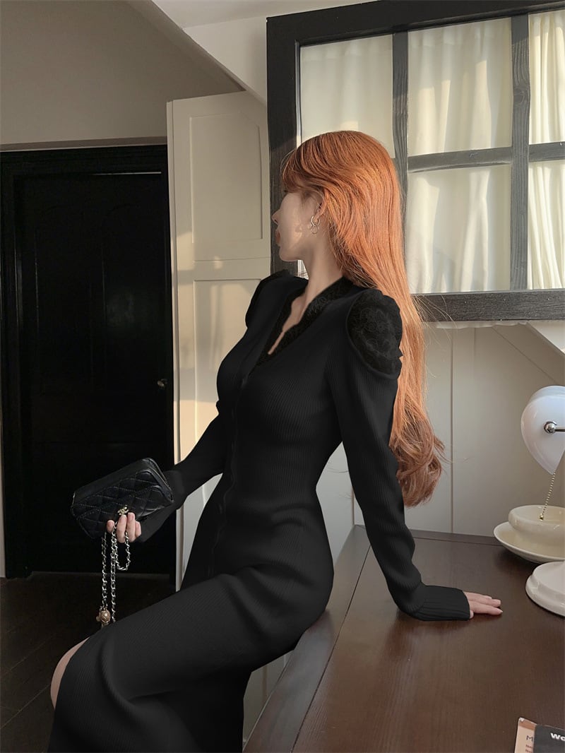 【dress】レースドッキングニットワンピース Q7121