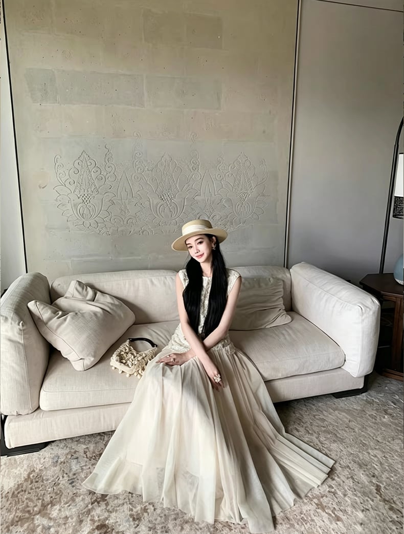 【dress】ノースリーブレースドッキングロングワンピース Q8466