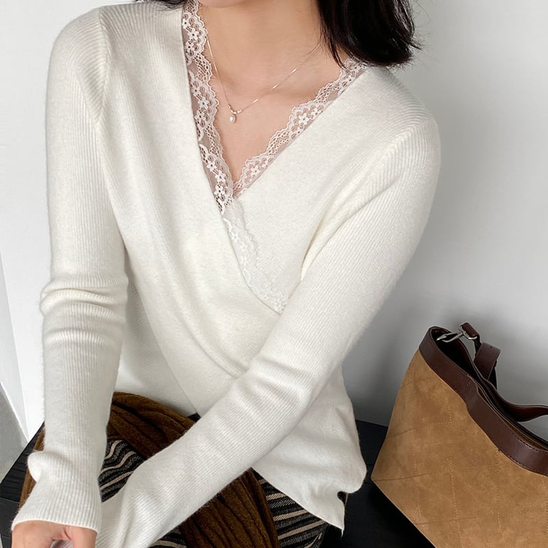 【tops】レース付きクロスニットトップス Q7238