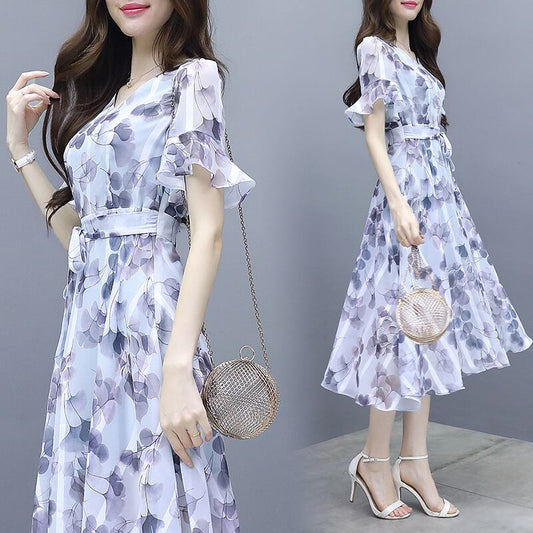 【dress】一目惚れ！Vネックフレアスリーブギャザー花柄ワンピースF0298