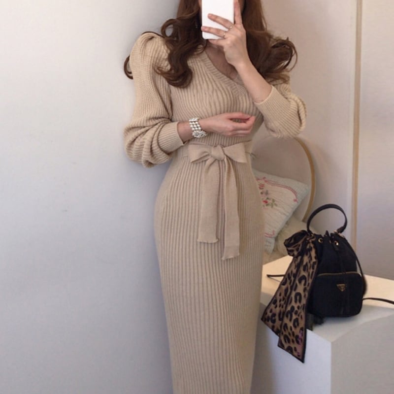 【dress】Vネックスリットタイトニットワンピース G16693