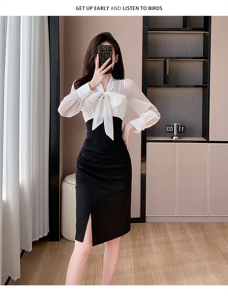 【dress】長袖偽二つ切り替えリボンワンピース G17925