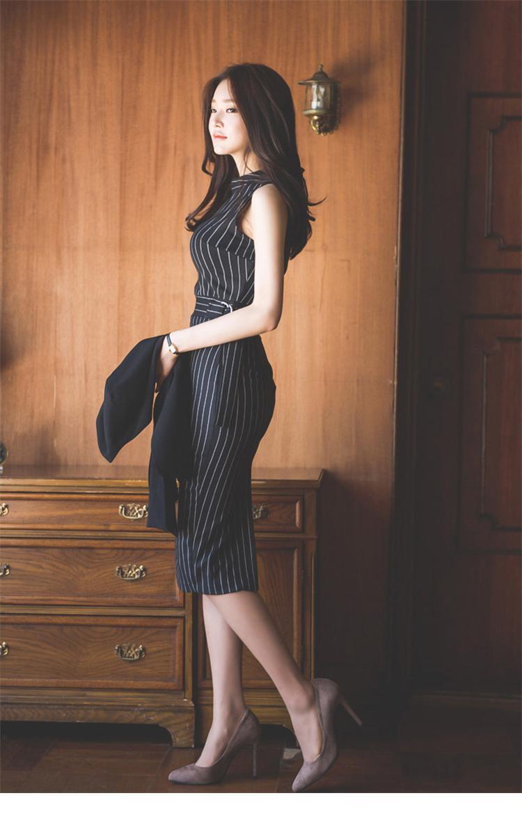 【dress】OL通勤好感度UP!気質満点ストライプ柄 ノースリーブワンピース G0892