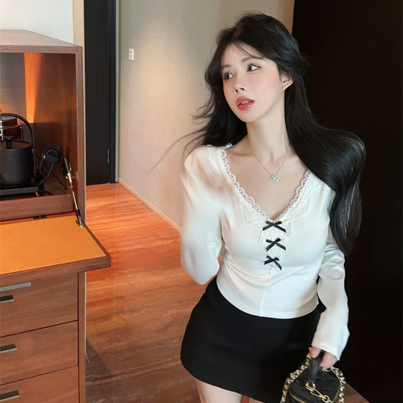 【tops】Vネックレースドッキングトップス Q7107